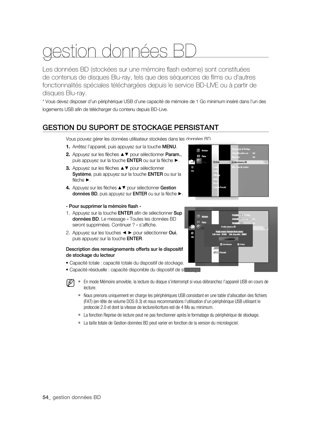 Samsung BD-P1590C, BD-P1600 user manual Gestion données BD, GestiOn DU sUPOrt De stOCkAge PersistAnt,  gestion données BD 