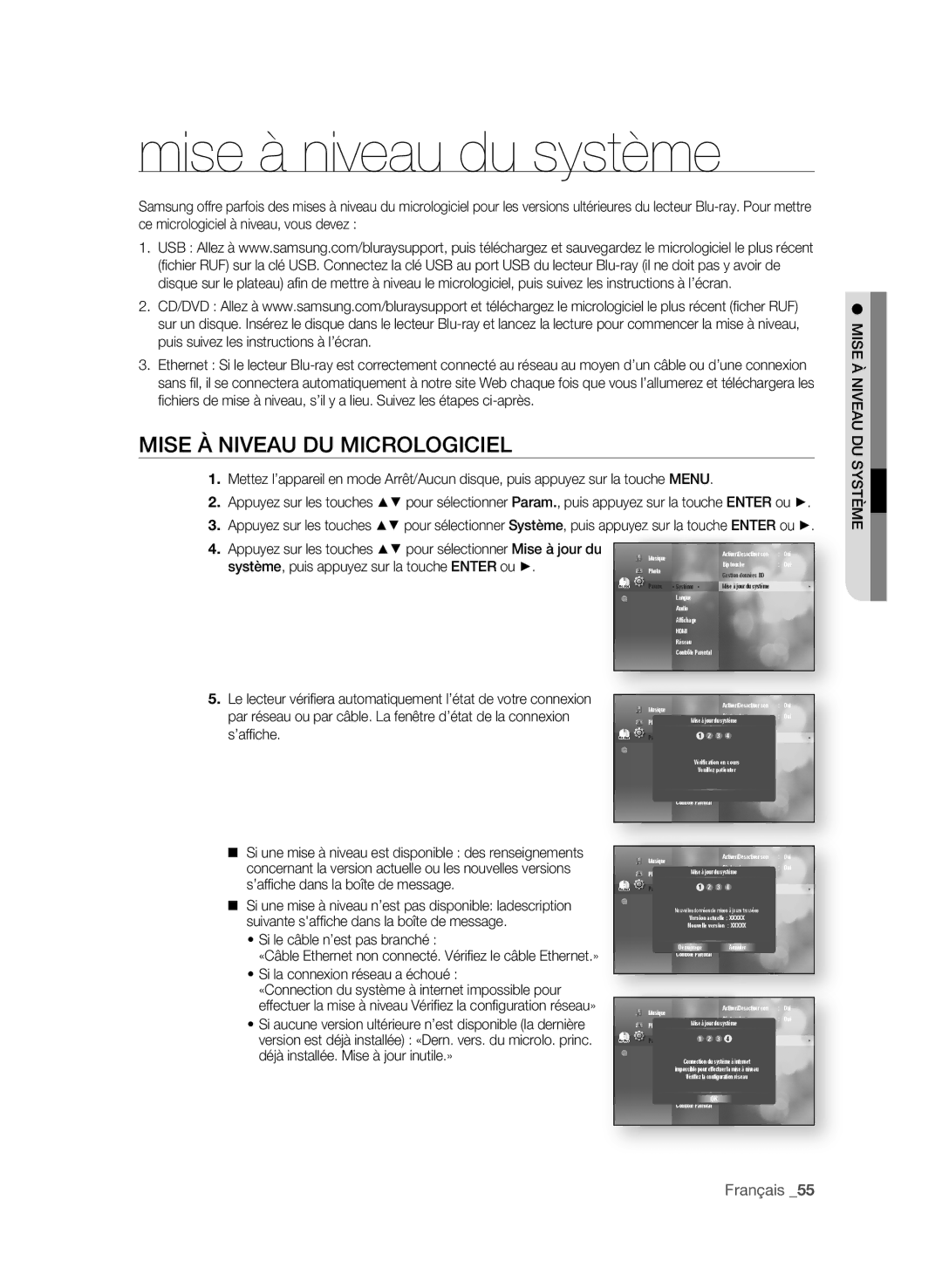 Samsung BD-P1600, BD-P1590C Mise à niveau du système, Mise À niveAU DU miCrOLOgiCieL, Mise À niveAU DU système 