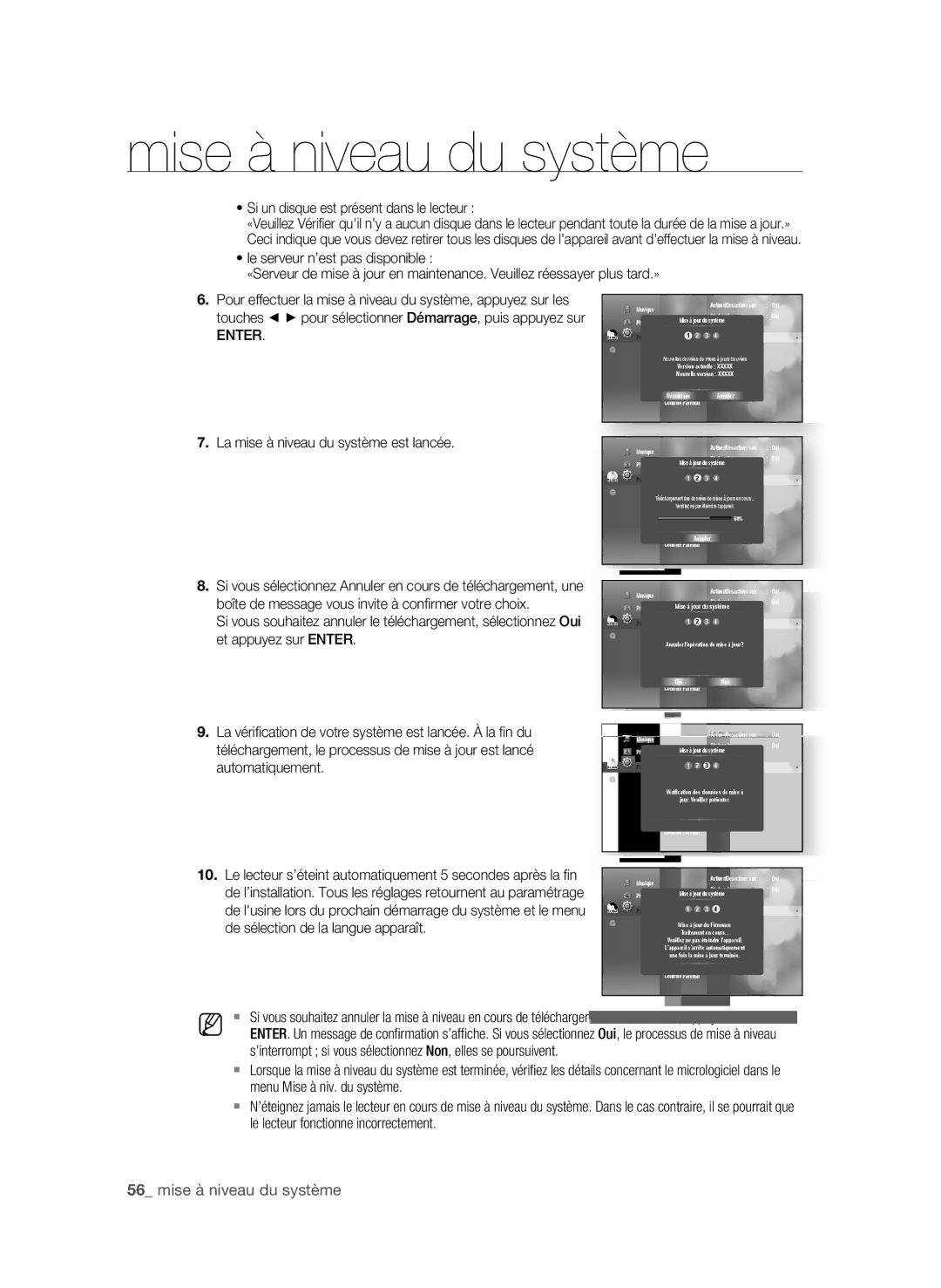 Samsung BD-P1600, BD-P1590C user manual  mise à niveau du système, Si un disque est présent dans le lecteur 