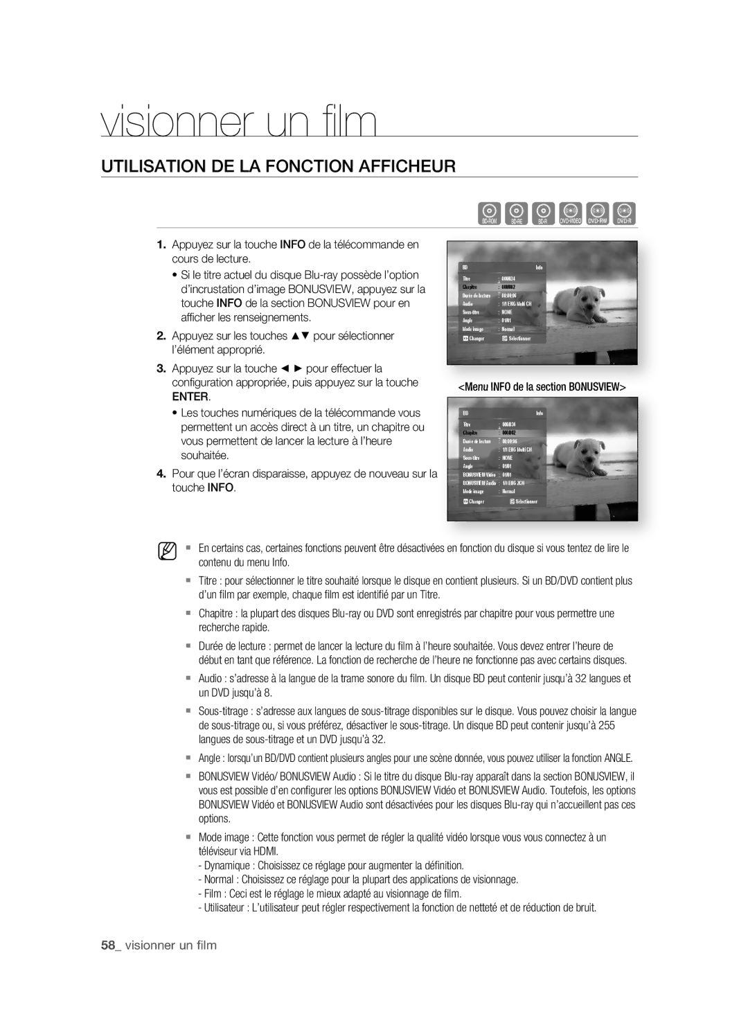 Samsung BD-P1600, BD-P1590C user manual Visionner un ﬁ lm, UtiLisAtiOn De LA FOnCtiOn AFFiCHeUr,  visionner un fi lm 