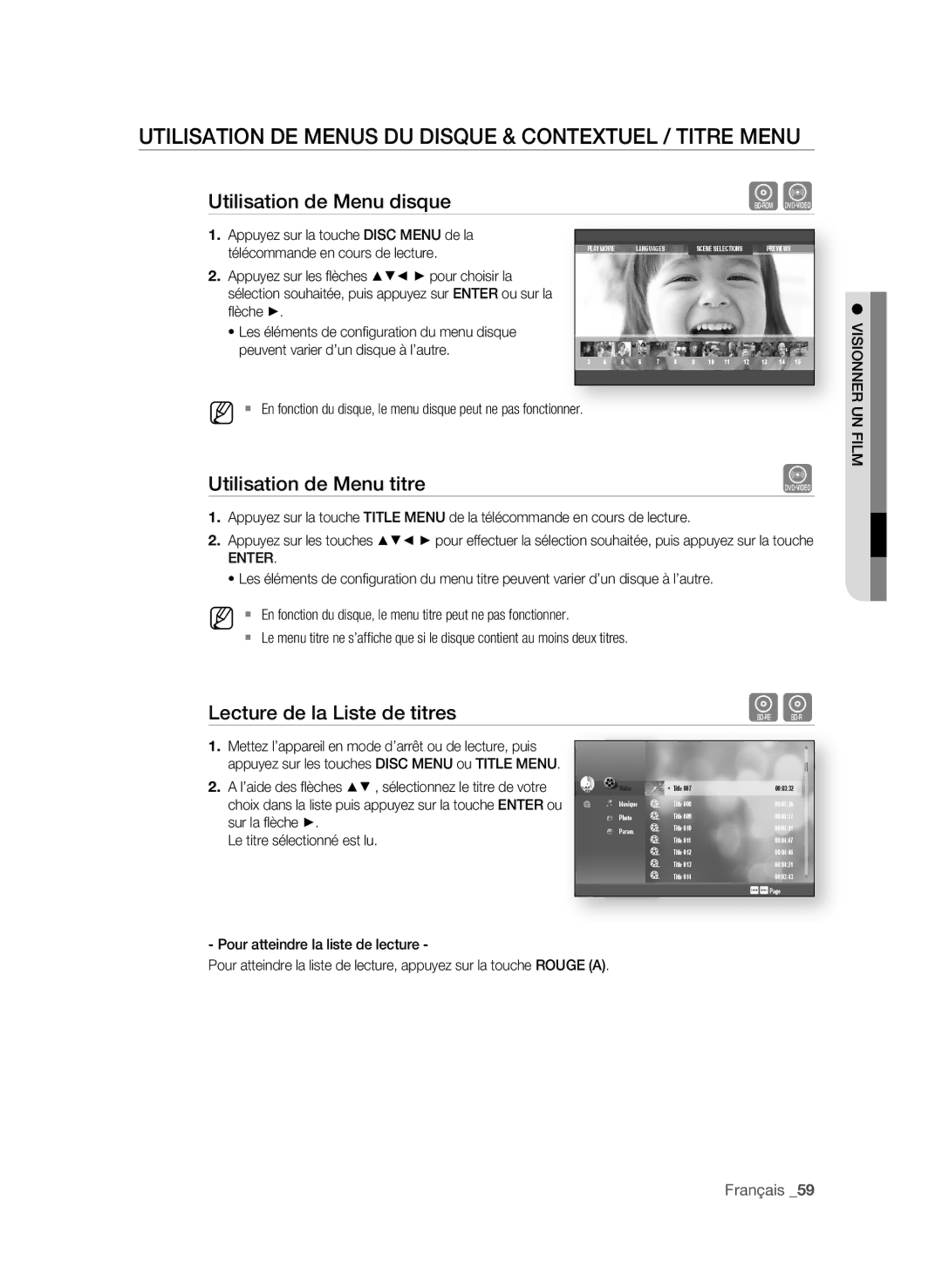 Samsung BD-P1590 UtiLisAtiOn De menUs DU DisQUe & COnteXtUeL / titre menU, Utilisation de menu disque, VisiOnner Un FiLm 