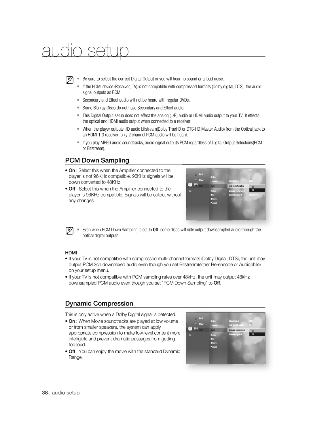 Samsung BD-P1590C, BD-P1600 user manual PCM Down Sampling, Dynamic Compression,  audio setup 