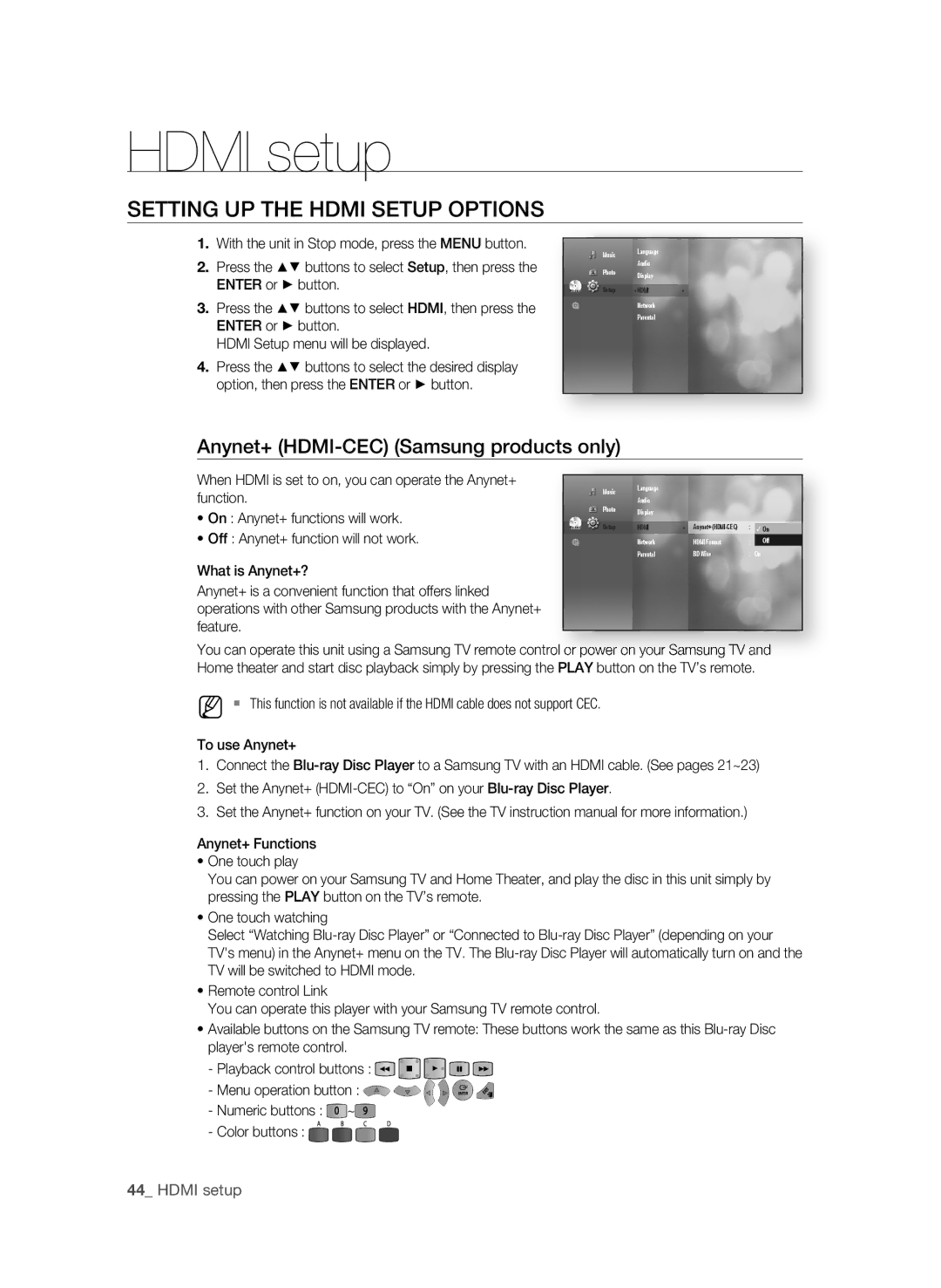 Samsung BD-P1590C, BD-P1600 SETTing UP the HDMi Setup OPTiOnS, Anynet+ HDMi-CEC Samsung products only,  Hdmi setup 