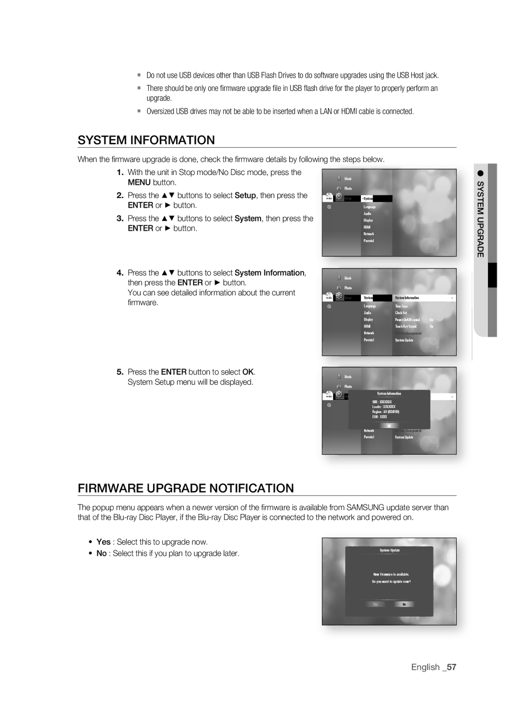 Samsung BD-P1600, BD-P1590C user manual System inFOrMaTiOn, FirMWarE UPgraDE nOTiFiCaTiOn, Yes Select this to upgrade now 