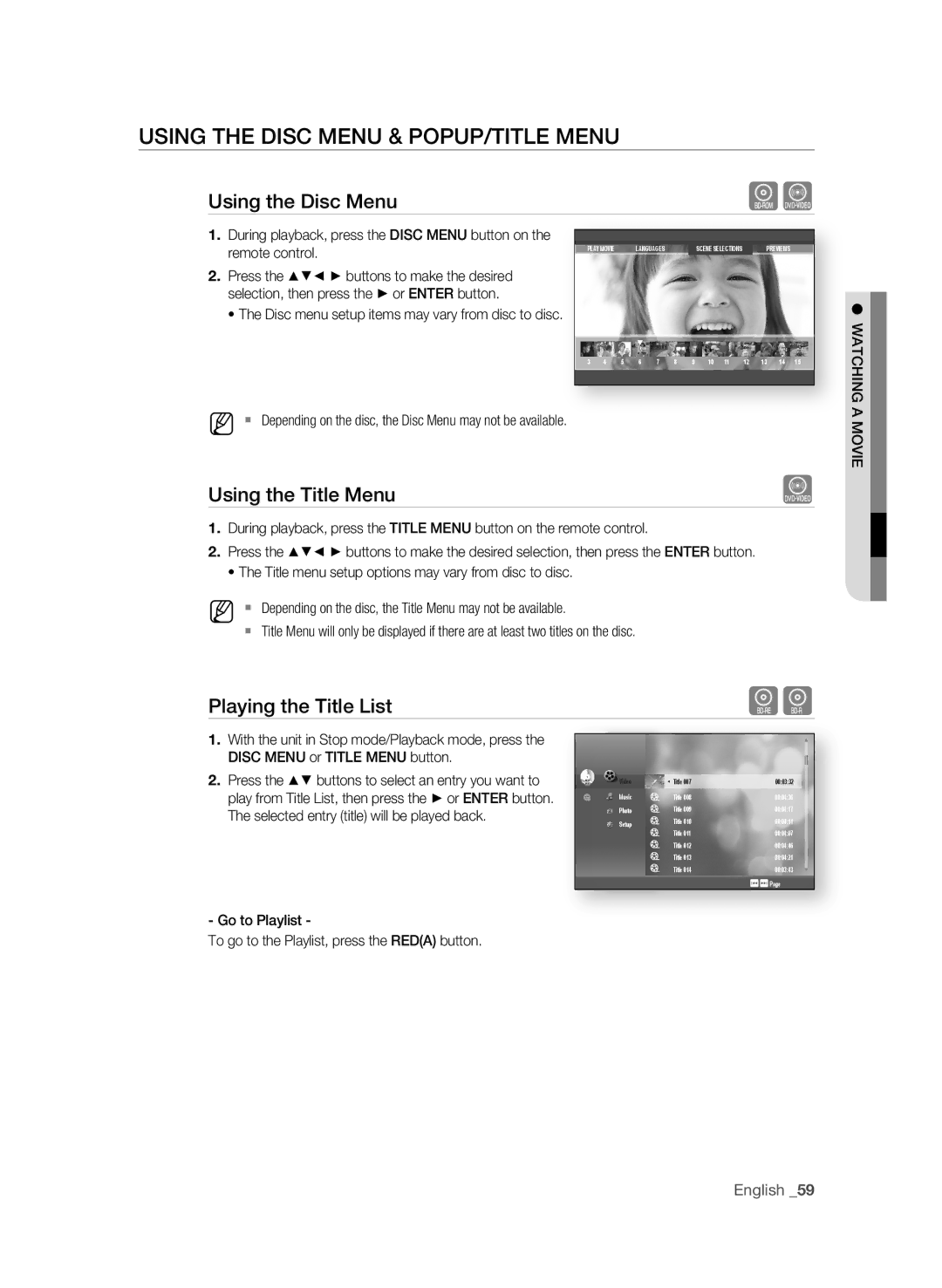 Samsung BD-P1590C USing the DiSC MEnU & POPUP/TiTLE MEnU, Using the Disc Menu, Using the Title Menu, Remote control 