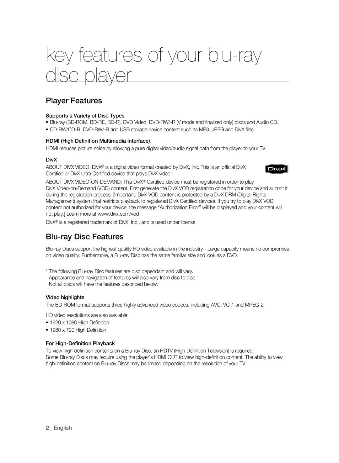 Samsung BD-P1600/XEU, BD-P1600/EDC manual Key features of your blu-ray disc player, Player Features, Blu-ray Disc Features 