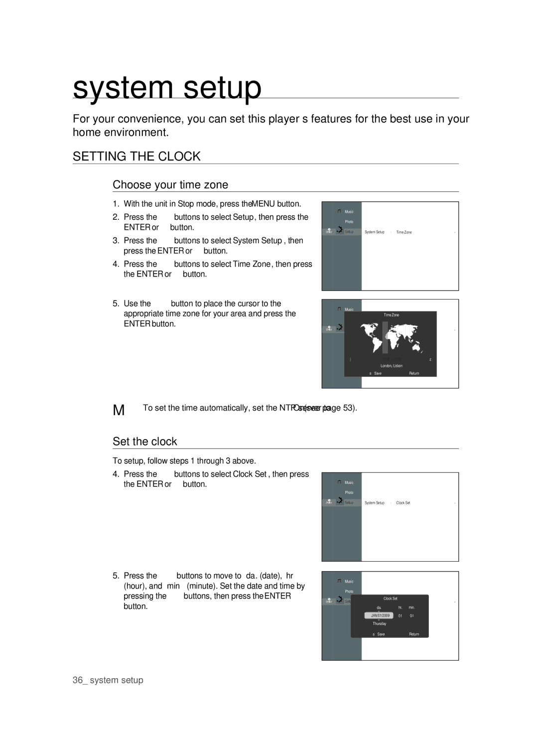Samsung BD-P1600/EDC, BD-P1600/XEU, BD-P1600/XEF manual System setup, SETTIng the Clock, Choose your time zone, Set the clock 