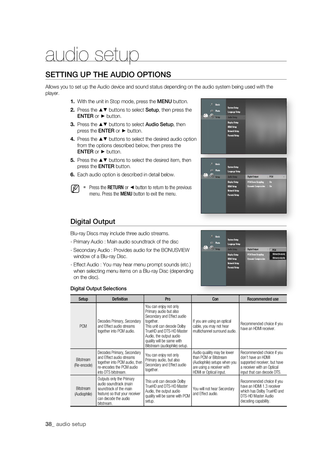 Samsung BD-P1600/XEF, BD-P1600/EDC, BD-P1600/XEU, BD-P1600/XEE Audio setup, SETTIng UP the aUDIO OPTIOnS, Digital Output 