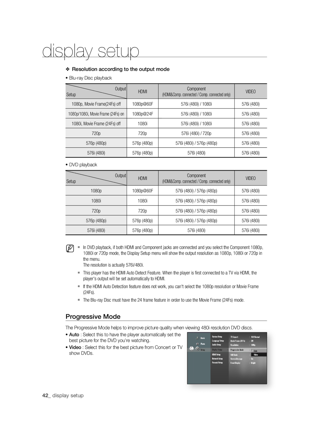 Samsung BD-P1600/XEU manual Video, Menu Resolution is actually 576i/480i, 24Fs, Best picture for the DVD youre watching 