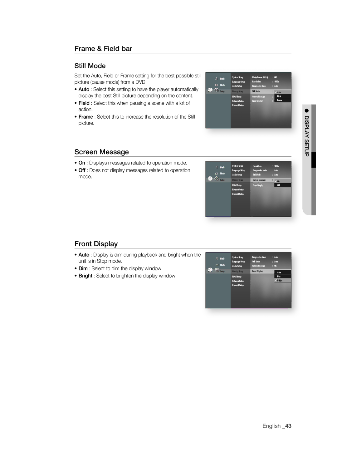 Samsung BD-P1600/XEF, BD-P1600/EDC, BD-P1600/XEU, BD-P1600/XEE Frame & Field bar Still Mode, Screen Message, Front Display 