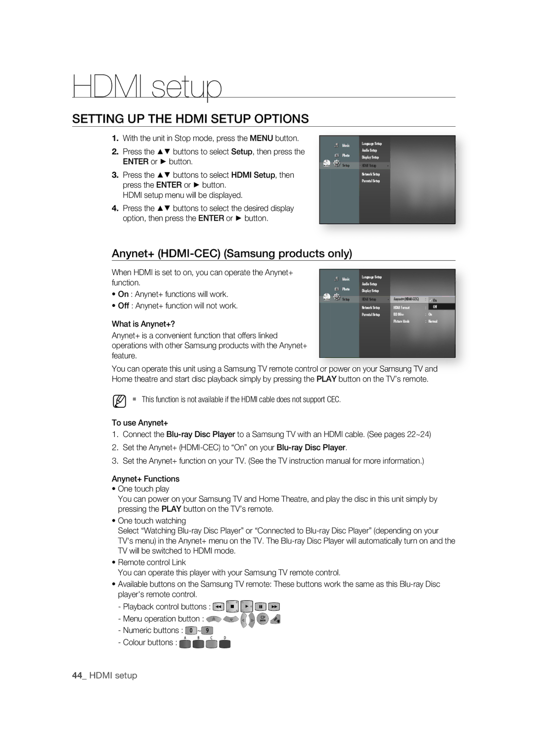 Samsung BD-P1600/XEE, BD-P1600/EDC Hdmi setup, SETTIng UP the Hdmi Setup OPTIOnS, Anynet+ HDMI-CEC Samsung products only 