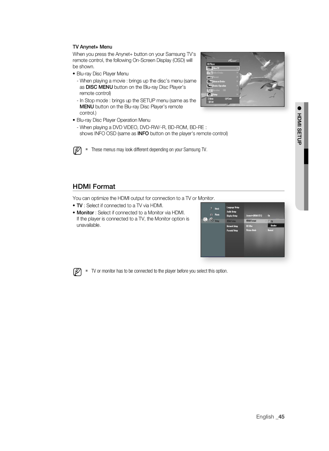 Samsung BD-P1600 Hdmi Format, TV Select if connected to a TV via Hdmi, Monitor Select if connected to a Monitor via Hdmi 