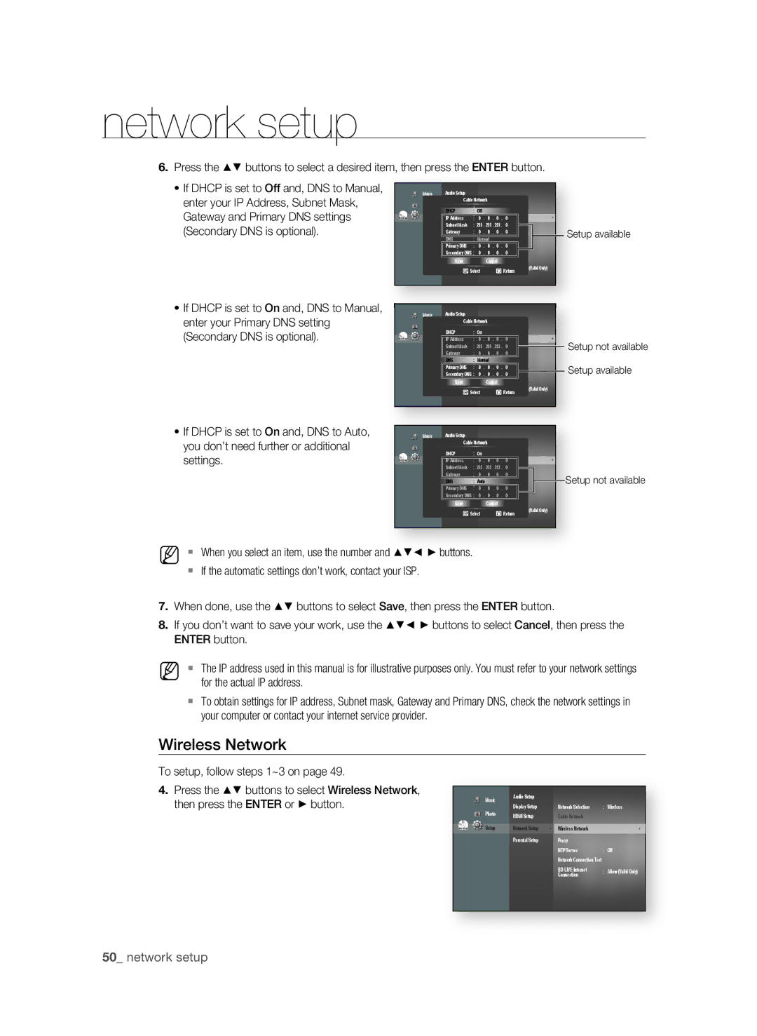 Samsung BD-P1600/EDC, BD-P1600/XEU manual Wireless network, Enter your Primary DNS setting, Secondary DNS is optional 