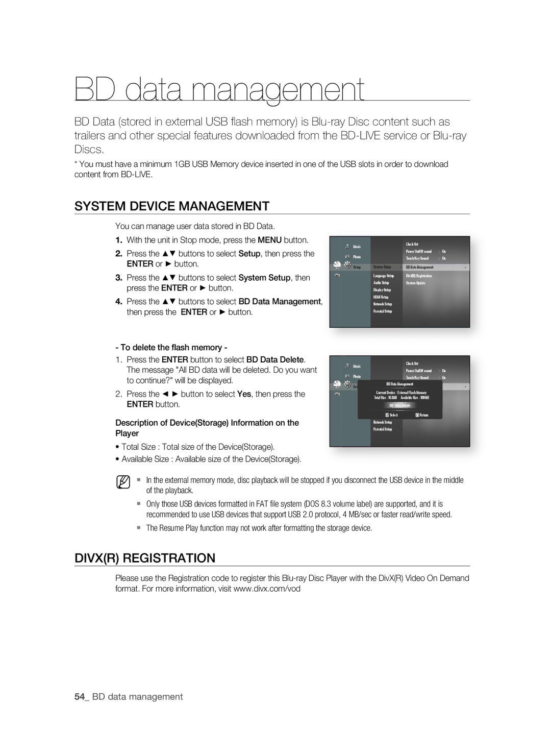 Samsung BD-P1600/XEE, BD-P1600/EDC, BD-P1600/XEU manual BD data management, System Device ManagEMEnT, DIVXr rEgISTraTIOn 