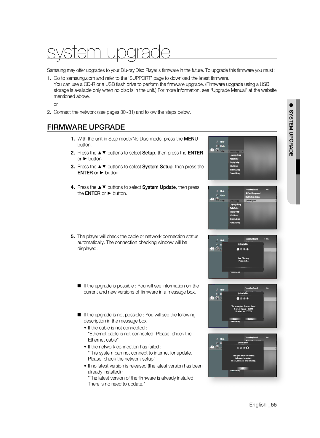 Samsung BD-P1600/EDC, BD-P1600/XEU, BD-P1600/XEF, BD-P1600/XEE manual System upgrade, FIrMWarE UPgraDE 