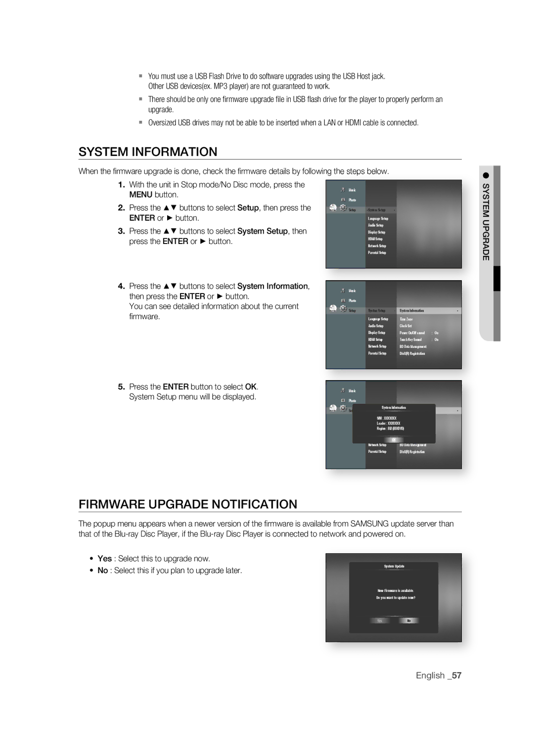 Samsung BD-P1600/XEU manual System InFOrMaTIOn, FIrMWarE UPgraDE nOTIFICaTIOn, Fi rmware, Yes Select this to upgrade now 