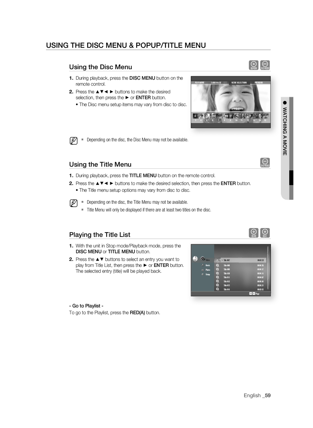 Samsung BD-P1600/XEE USIng the Disc MEnU & POPUP/TITLE MEnU, Using the Disc Menu, Using the Title Menu, Remote control 