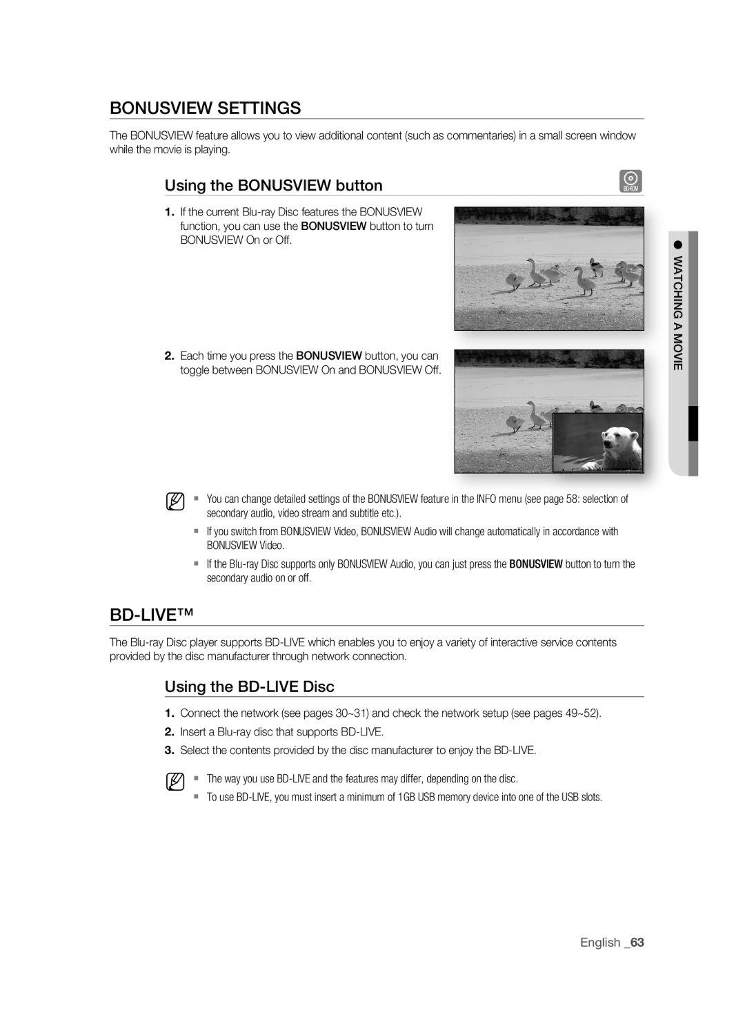 Samsung BD-P1600/XEF, BD-P1600/EDC, BD-P1600/XEU BOnUSVIEW SETTIngS, Using the BOnUSVIEW button, Using the BD-LIVE Disc 