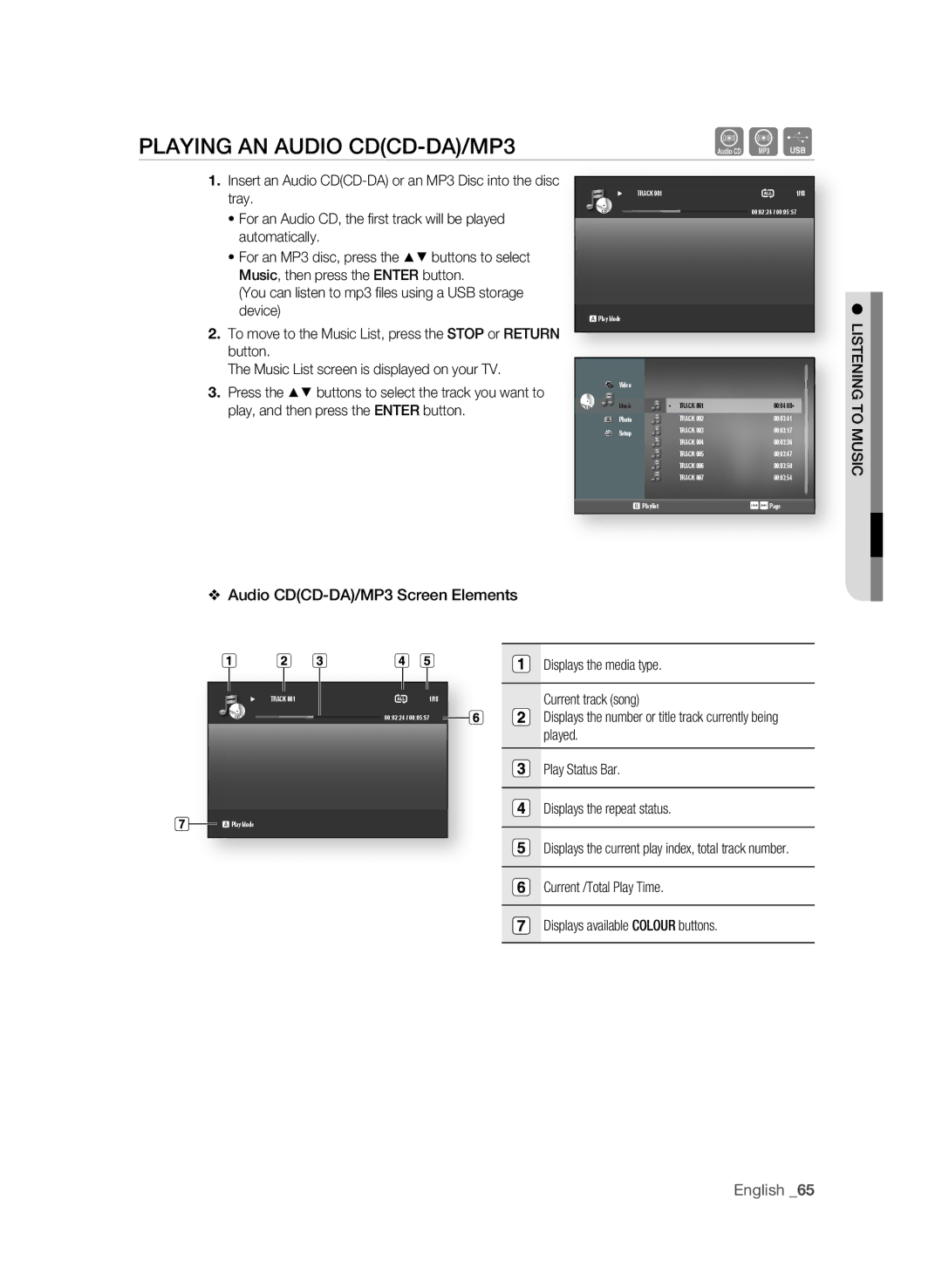 Samsung BD-P1600 PLaYIng an aUDIO CDCD-Da/MP3, LISTEnIng to Music, Displays the current play index, total track number 