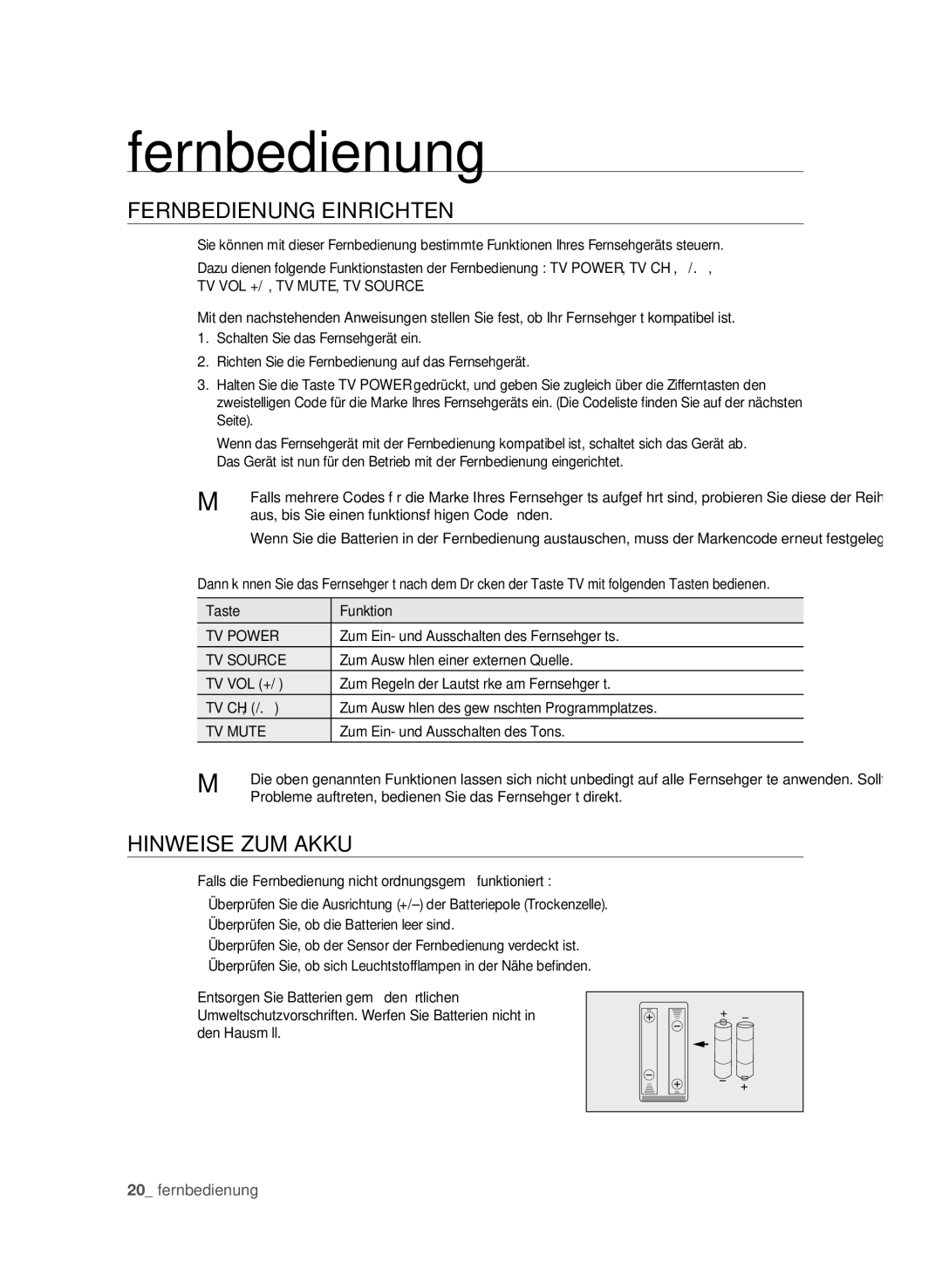 Samsung BD-P1600/EDC, BD-P1600/XEU manual FERnBEDIEnUng EInRIcHtEn, HInWEISE zUM AkkU, TV Power, TV Source, TV Mute 