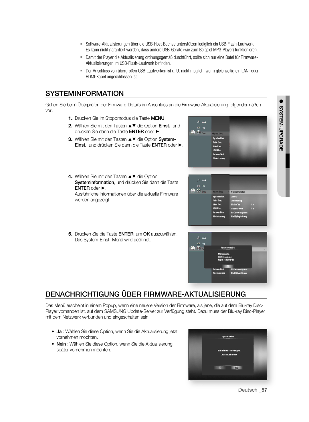 Samsung BD-P1600/XEU manual SyStEMInFORMAtIOn, BEnAcHRIcHtIgUng üBER Firmware, Vornehmen möchten, Später vornehmen möchten 