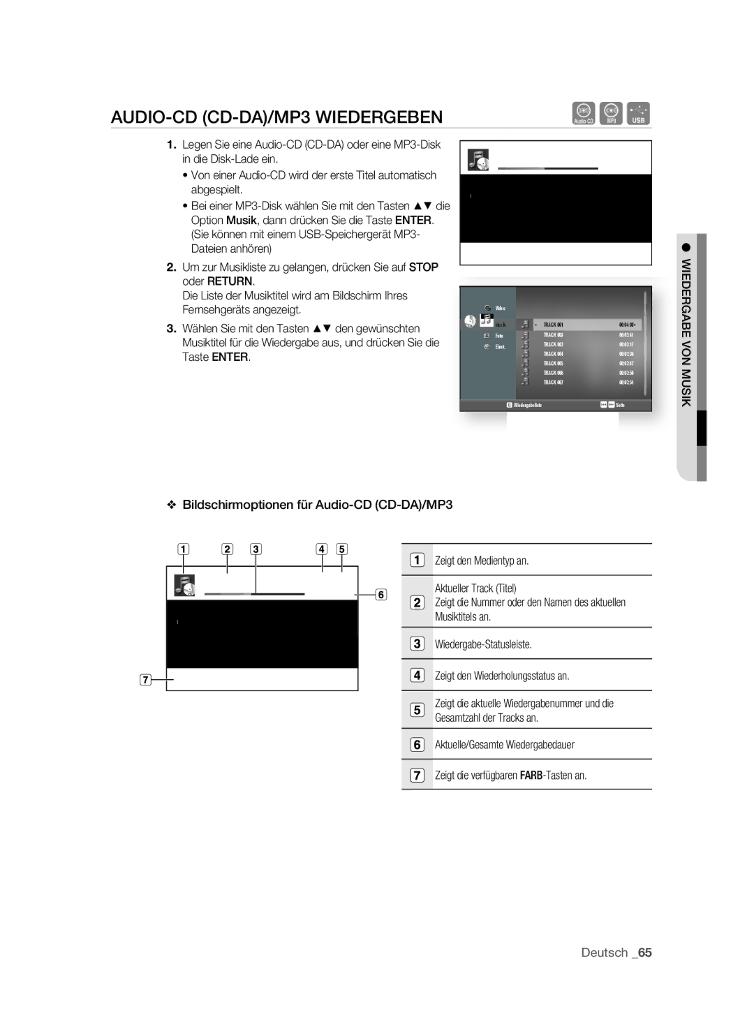 Samsung BD-P1600 manual AUDIO-cD cD-DA/MP3 WIEDERgEBEn, WIEDERgABE VOn MUSIk, Zeigt den Medientyp an Aktueller Track Titel 