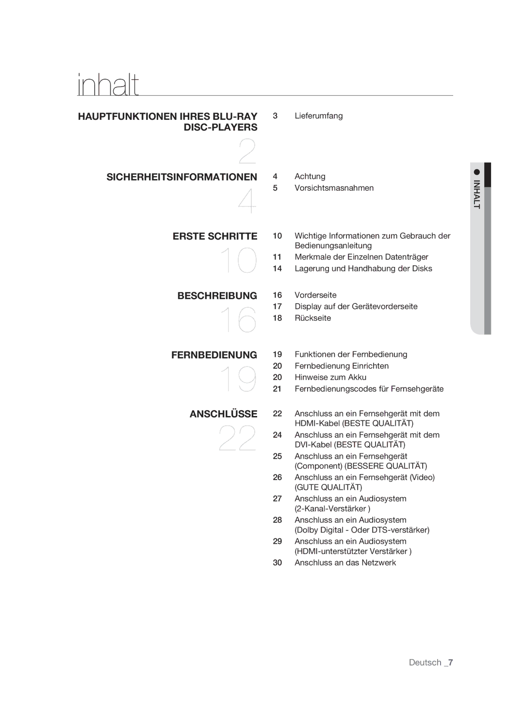 Samsung BD-P1600/XEU, BD-P1600/EDC, BD-P1650/XEF, BD-P1600/XEF manual Inhalt, Lieferumfang, Achtung, HalIn, Vorsichtsmasnahmen 