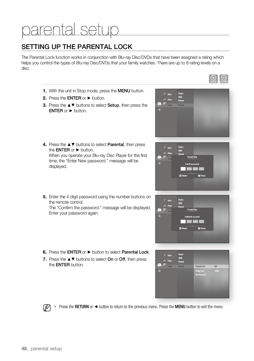 Samsung BD-P1600A/UMG, BD-P1600A/EDC, BD-P1600A/XEF, BD-P1600A/XEC manual Parental setup, Setting up the Parental Lock 