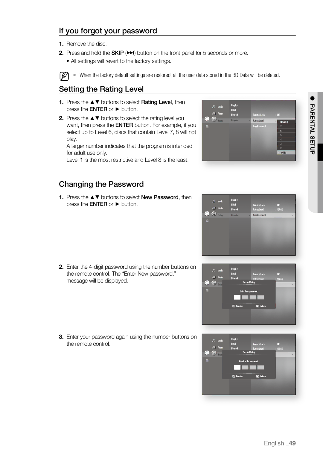 Samsung BD-P1600A/HAC If you forgot your password, Setting the Rating Level, Press the Enter or + button, Remote control 