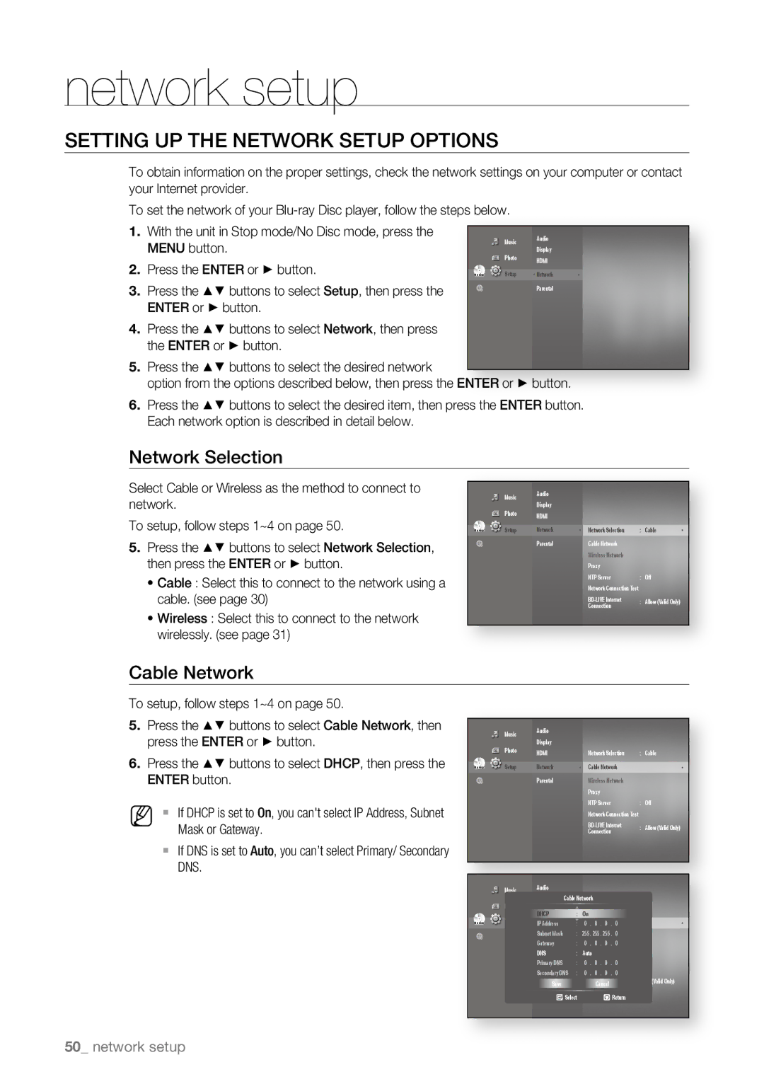 Samsung BD-P1600A/MEA, BD-P1600A/EDC, BD-P1600A/XEF Network setup, Network Selection, Menu button, Enter or button, Dns 