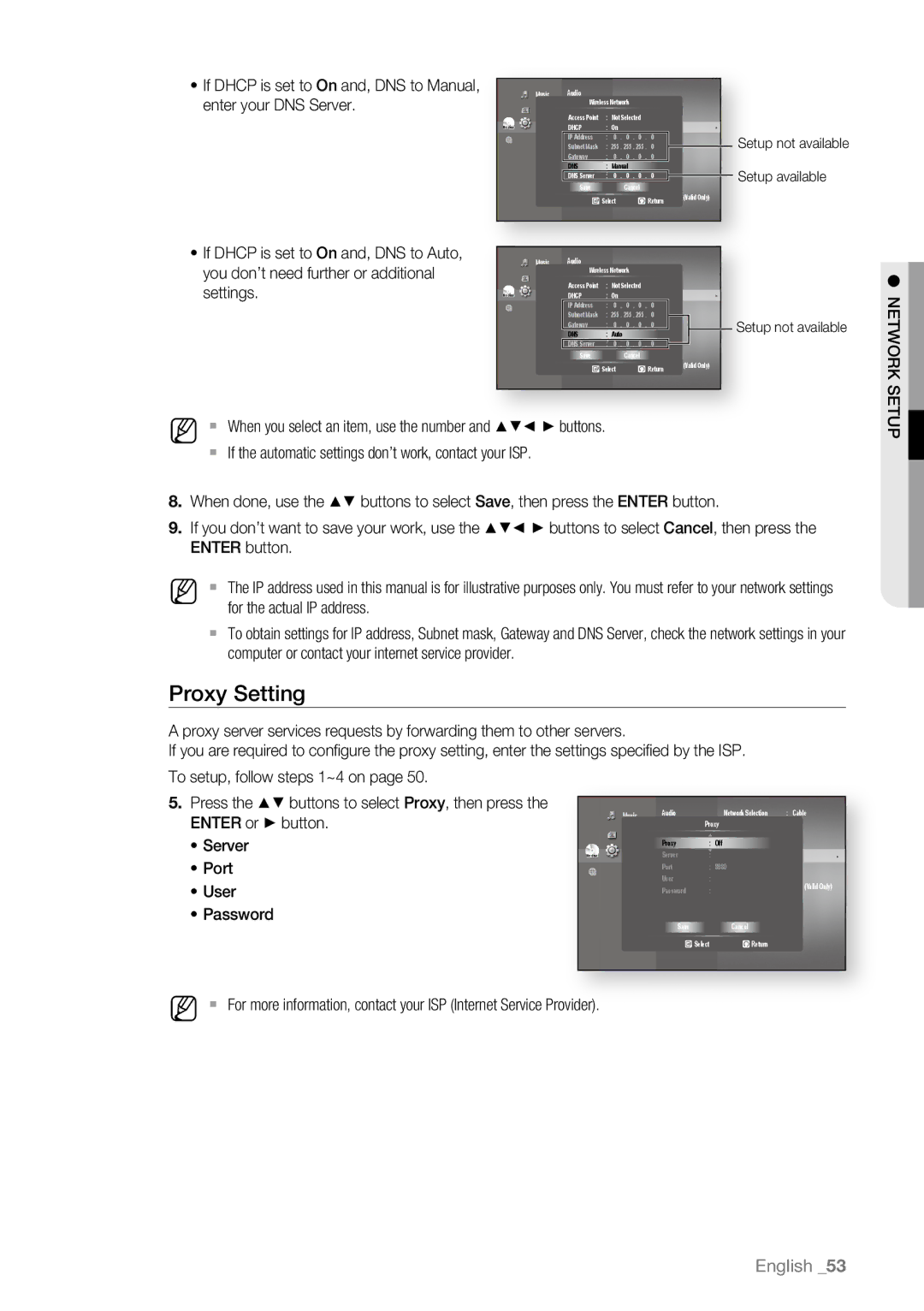 Samsung BD-P1600A/SAM, BD-P1600A/EDC, BD-P1600A/XEF, BD-P1600A/XEC manual Proxy Setting, ~ Server, ~ Port, ~ User, ~ Password 