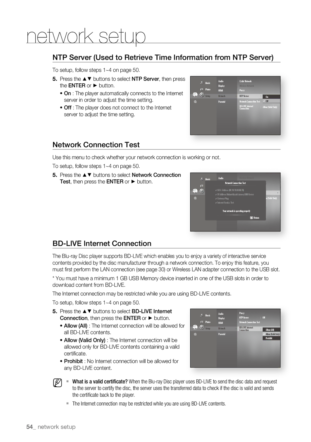 Samsung BD-P1600A/EDC, BD-P1600A/XEF, BD-P1600A/XEC, BD-P1600A/UMG manual Network Connection Test, BD-LIVE Internet Connection 