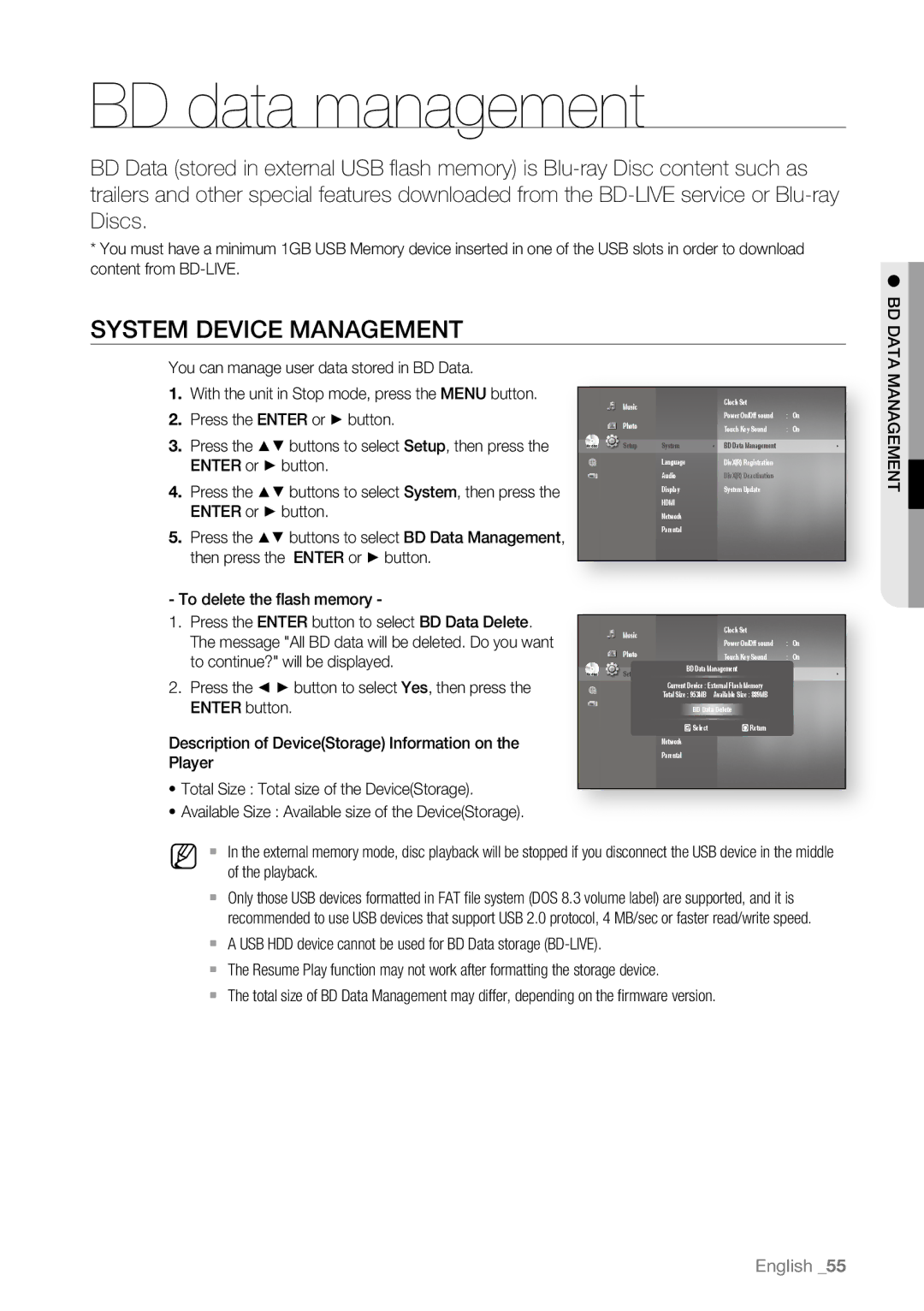 Samsung BD-P1600A/XEF, BD-P1600A/EDC, BD-P1600A/XEC, BD-P1600A/UMG manual BD data management, System Device Management 