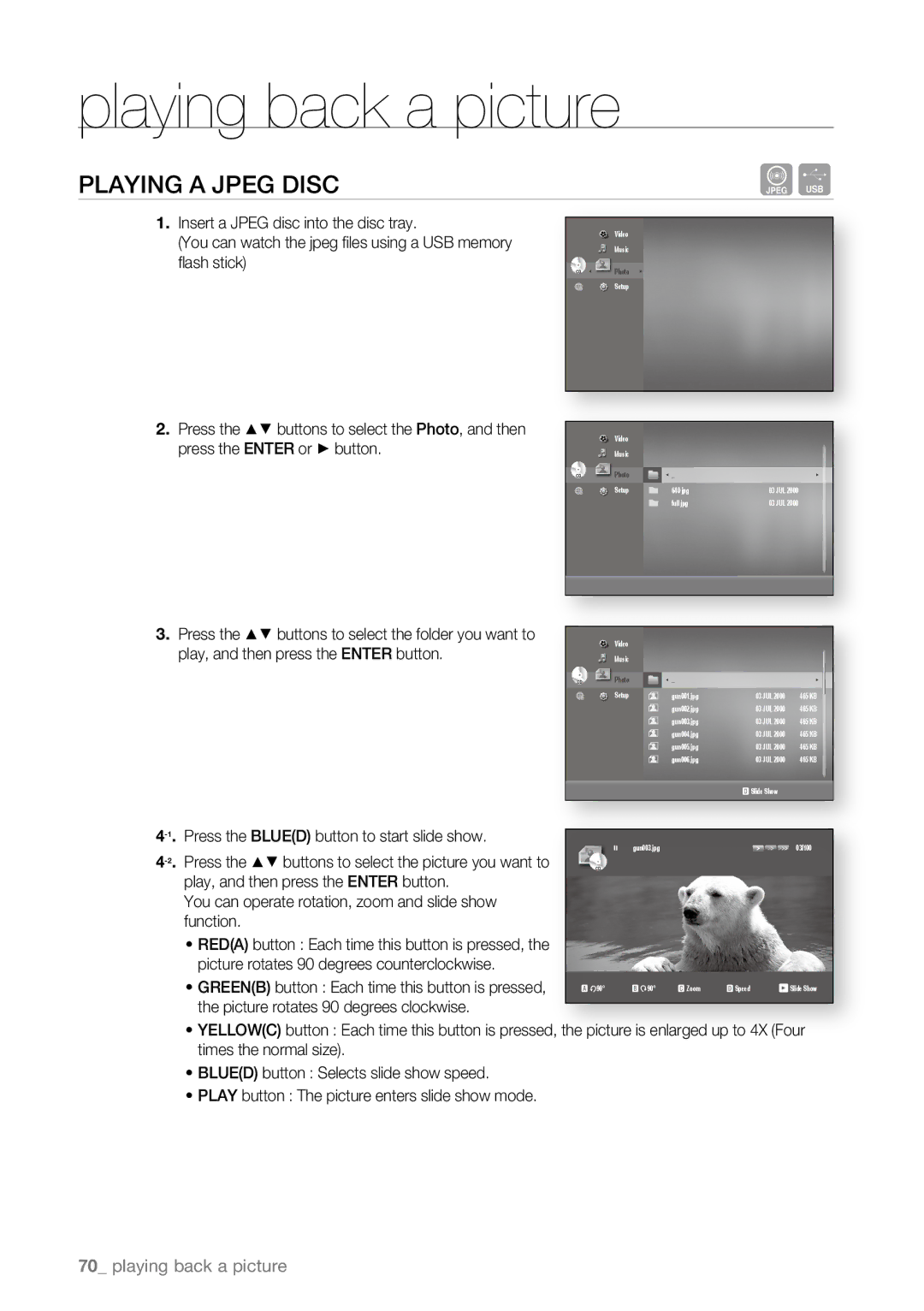 Samsung BD-P1600A/XEU manual Playing back a picture, Playing a Jpeg disc, Press the Blued button to start slide show 