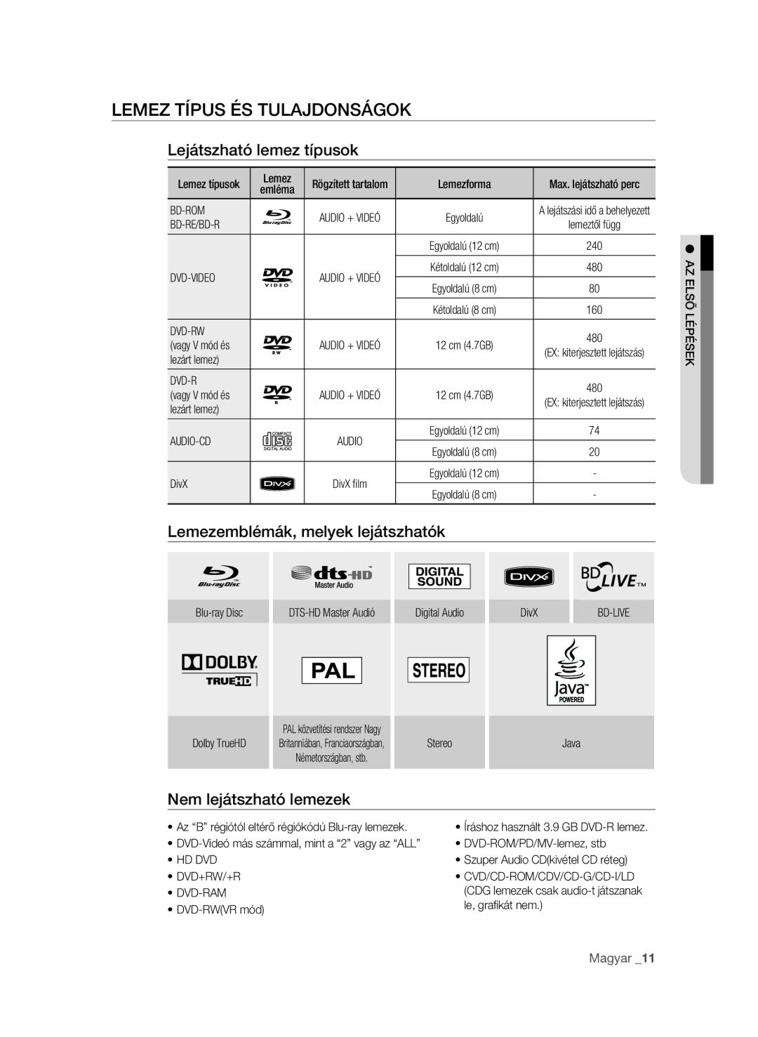 Samsung BD-P1600A/XEF manual Lemez típus és tulajdonságok, Lejátszható lemez típusok, Lemezemblémák, melyek lejátszhatók 