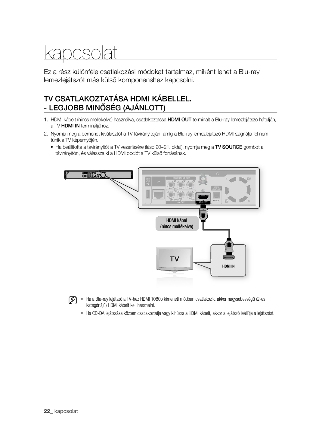 Samsung BD-P1600A/XEC, BD-P1600A/EDC Kapcsolat, TV csatlakoztatása Hdmi kábelLel, Kategóriájú Hdmi kábelt kell használni 