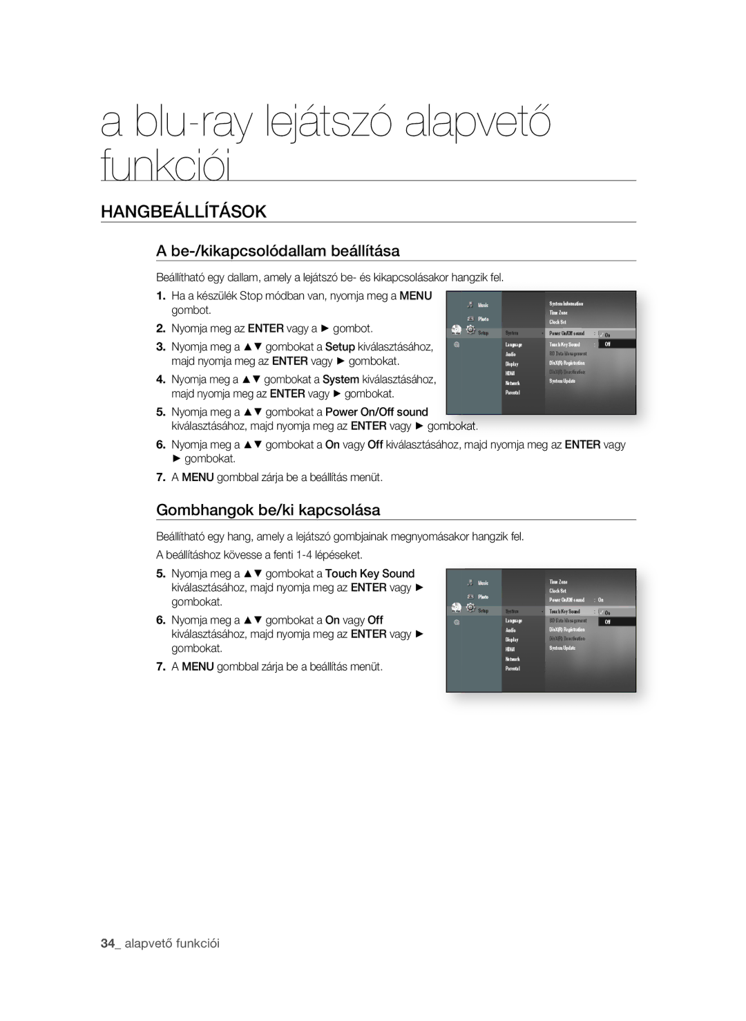 Samsung BD-P1600A/XEU HANgbeÁllítÁsOK, Be-/kikapcsolódallam beállítása, Gombhangok be/ki kapcsolása,  alapvető funkciói 