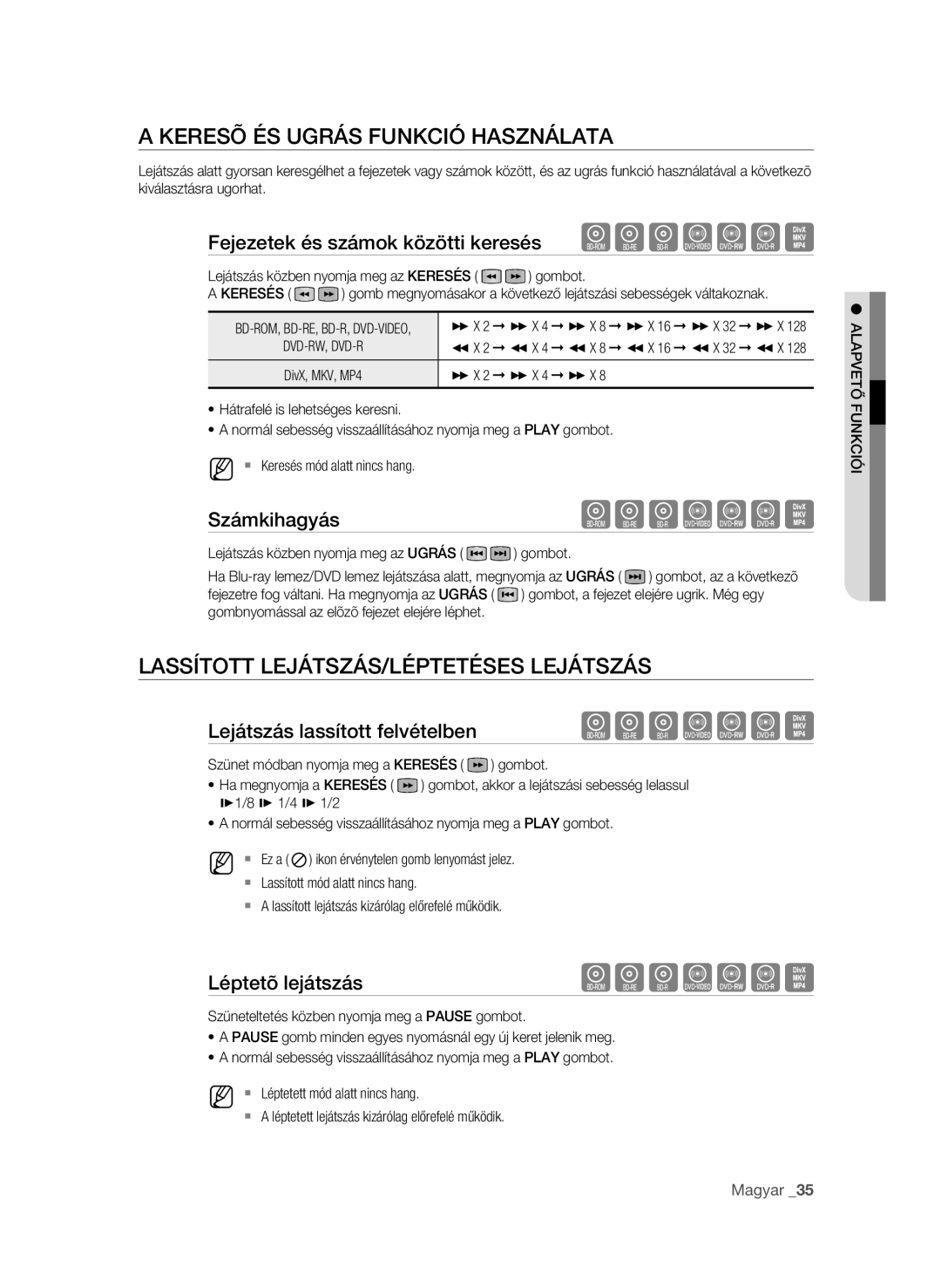 Samsung BD-P1600A/EDC, BD-P1600A/XEF manual Keresõ és ugrás funkció használata, LasSítoTt lejátszás/Léptetéses lejátszás 