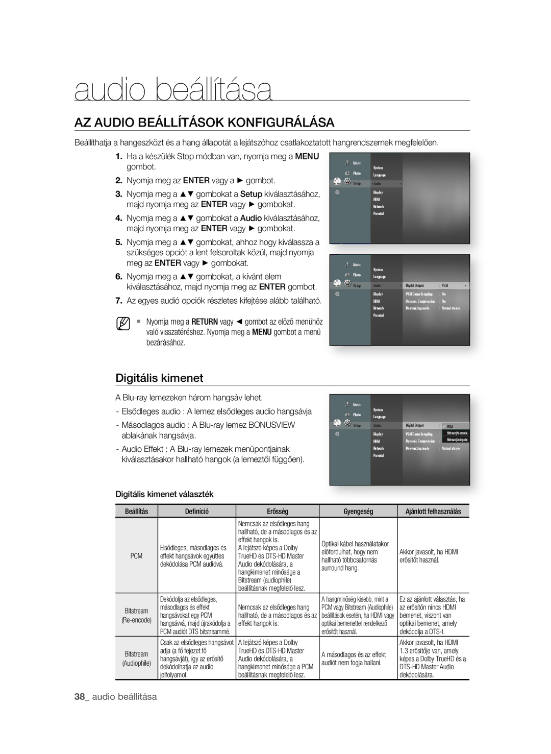 Samsung BD-P1600A/XEE manual Audio beállítása, Az AudiO beÁllítÁsOK KONFiguRÁlÁsA, Digitális kimenet,  audio beállítása 