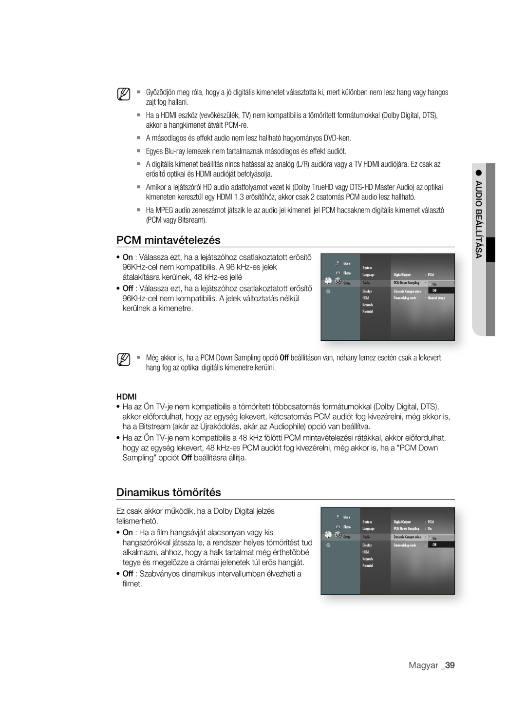 Samsung BD-P1600A/XEU, BD-P1600A/EDC, BD-P1600A/XEF, BD-P1600A/XEC, BD-P1600A/XEE PCm mintavételezés, Dinamikus tömörítés 