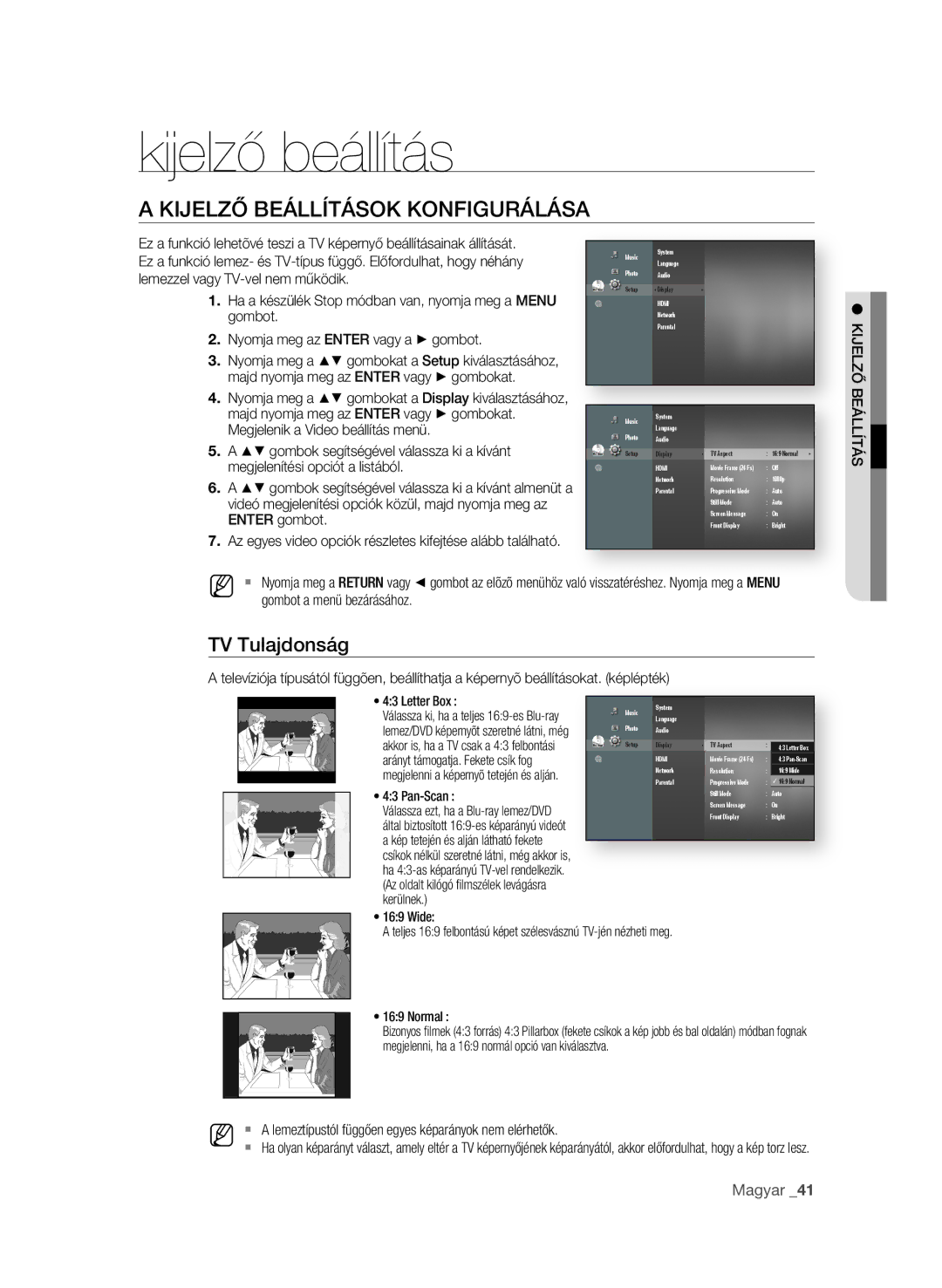 Samsung BD-P1600A/XEF, BD-P1600A/EDC manual Kijelző beállítás, KiJelző beÁllítÁsOK KONFiguRÁlÁsA, TV tulajdonság, Magyar 1 