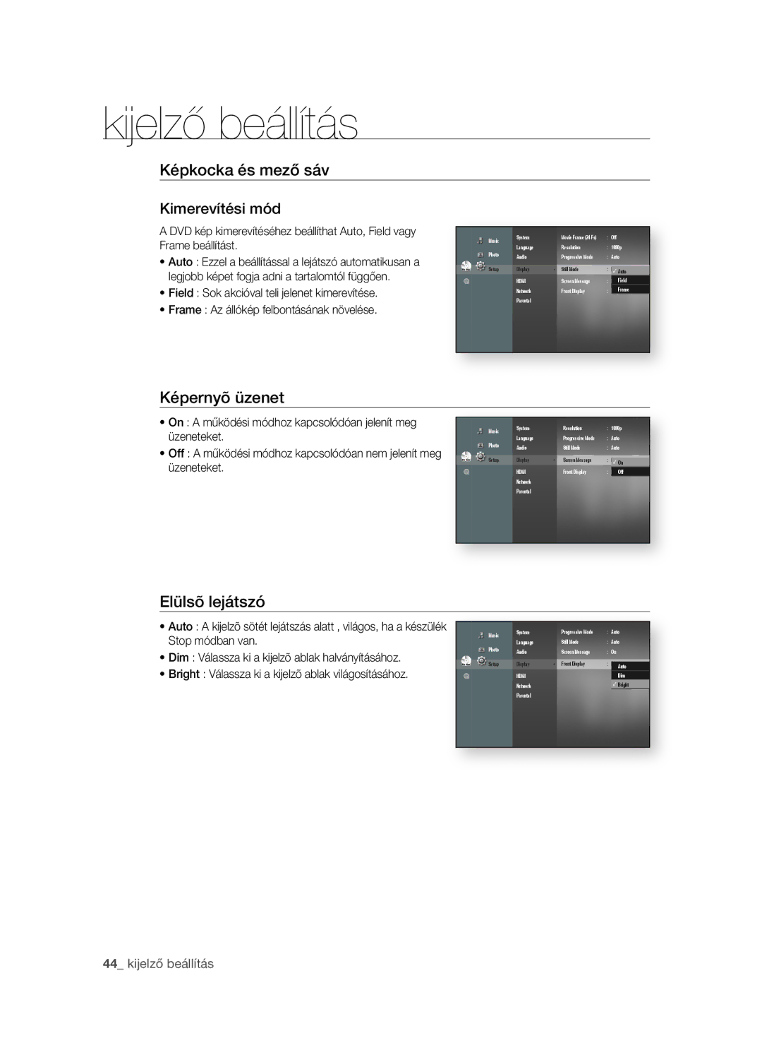 Samsung BD-P1600A/XEU manual Képkocka és mező sáv Kimerevítési mód, Képernyõ üzenet, Elülsõ lejátszó,  kijelző beállítás 