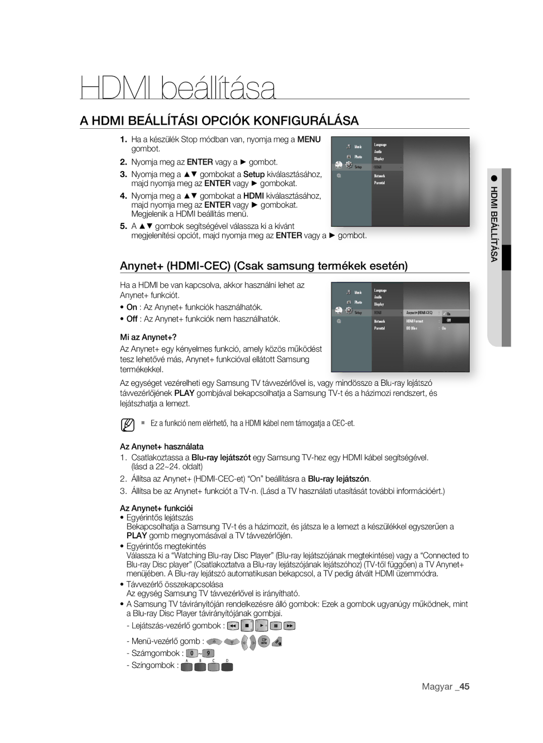 Samsung BD-P1600A/EDC Hdmi beállítása, Hdmi beÁllítÁsi OPCióK KONFiguRÁlÁsA, Anynet+ hdmi-CeC Csak samsung termékek esetén 