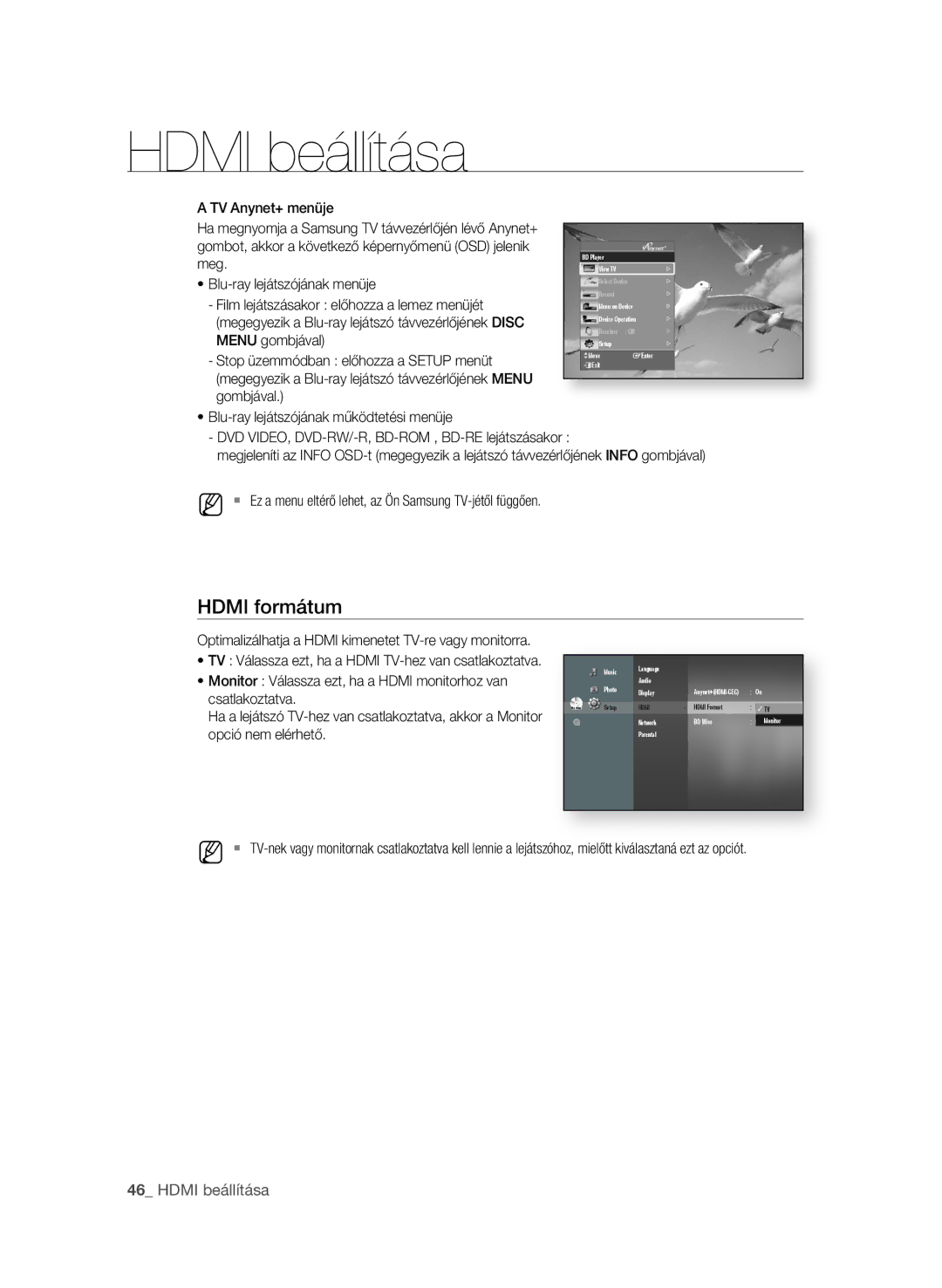 Samsung BD-P1600A/XEF, BD-P1600A/EDC  Hdmi beállítása, Monitor Válassza ezt, ha a Hdmi monitorhoz van, Csatlakoztatva 