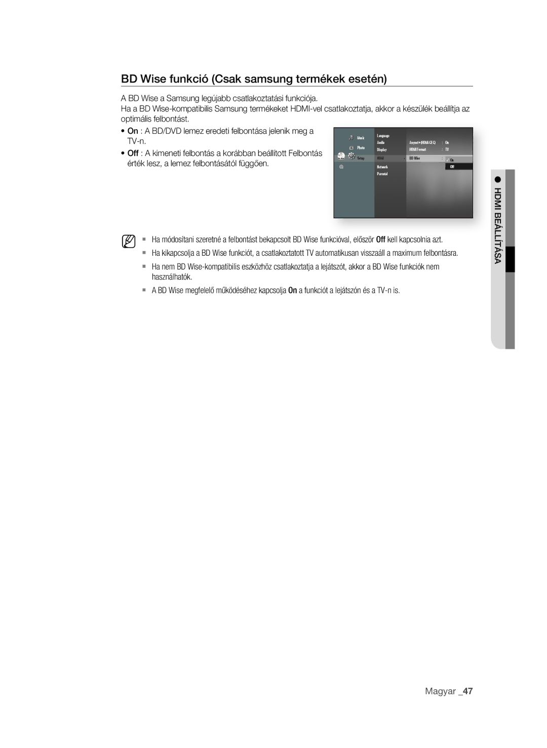 Samsung BD-P1600A/XEC manual Bd Wise funkció Csak samsung termékek esetén, TV-n, Érték lesz, a lemez felbontásától függően 