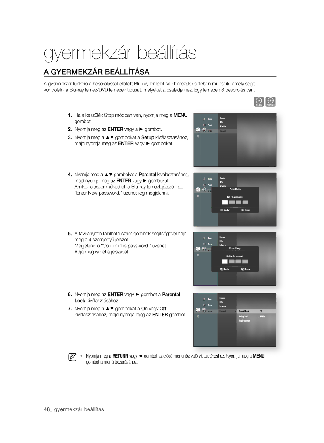 Samsung BD-P1600A/XEE, BD-P1600A/EDC, BD-P1600A/XEF Gyermekzár beállítás, GyeRmeKzÁR beÁllítÁsA,  gyermekzár beállítás 