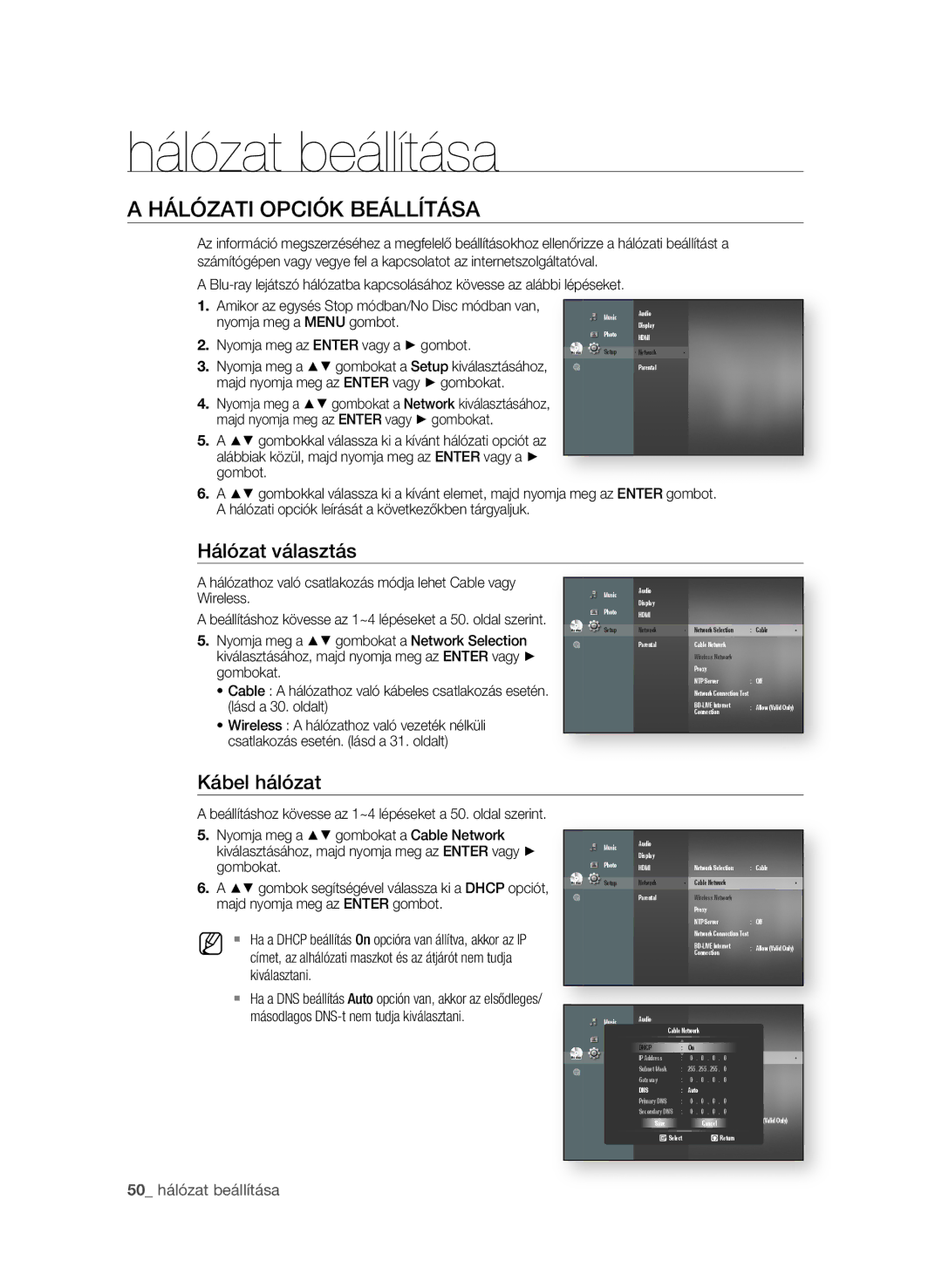 Samsung BD-P1600A/EDC manual Hálózat beállítása, HÁlózAti OPCióK beÁllítÁsA, Hálózat választás, 0 hálózat beállítása 