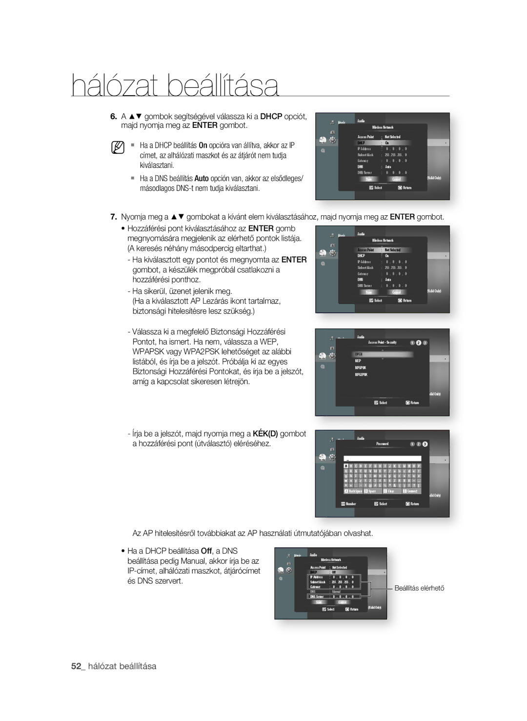 Samsung BD-P1600A/XEC, BD-P1600A/EDC manual 2 hálózat beállítása, Az AP hitelesítésről továbbiakat az AP használati útm 