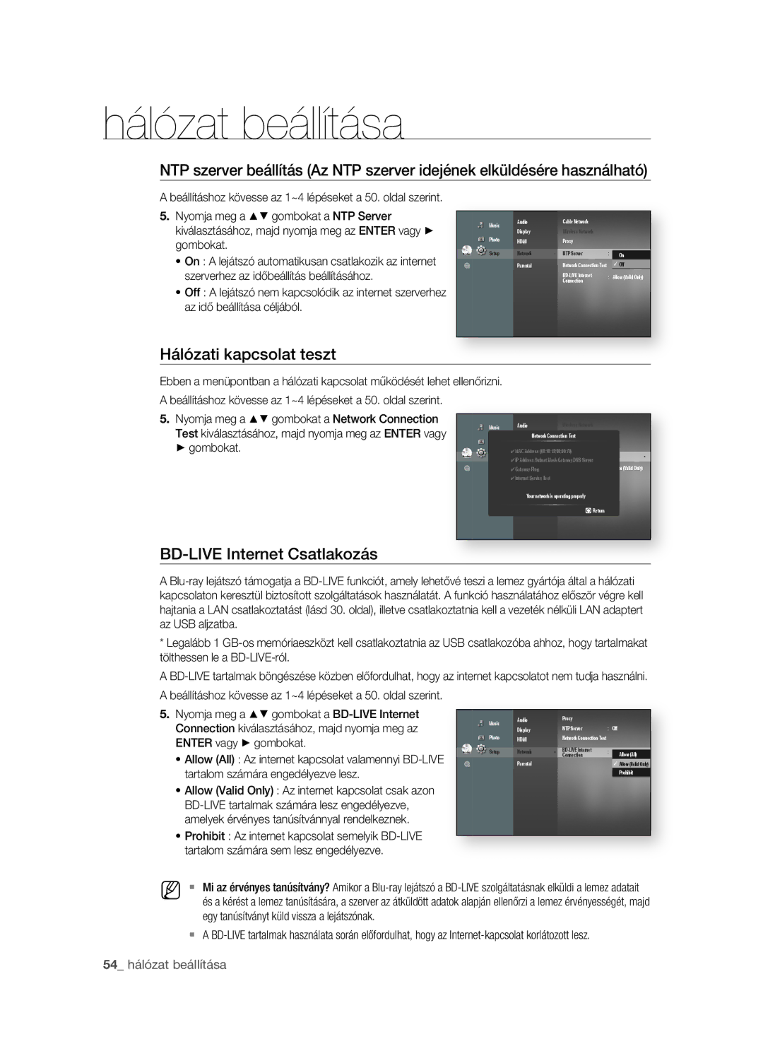 Samsung BD-P1600A/XEU, BD-P1600A/EDC manual Hálózati kapcsolat teszt, Bd-liVe internet Csatlakozás,  hálózat beállítása 