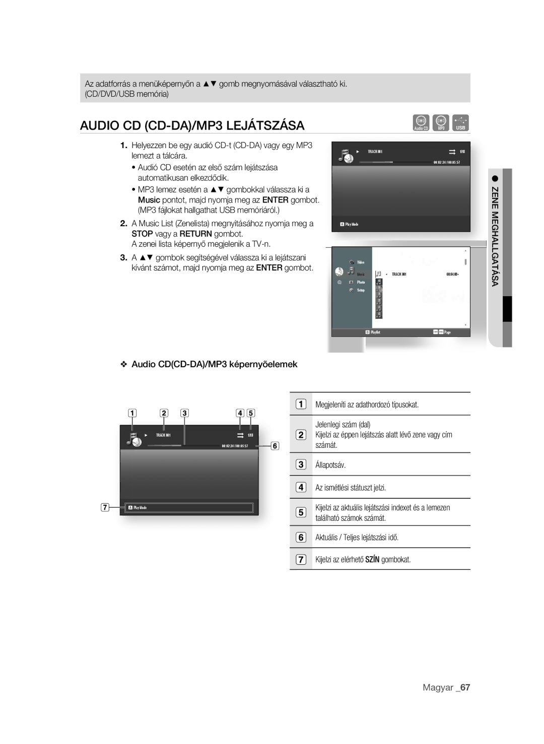 Samsung BD-P1600A/XEC, BD-P1600A/EDC AudiO Cd Cd-dA/mP3 leJÁtszÁsA, Audio CdCd-dA/mP3 képernyõelemek, ZeNe meghAllgAtÁsA 